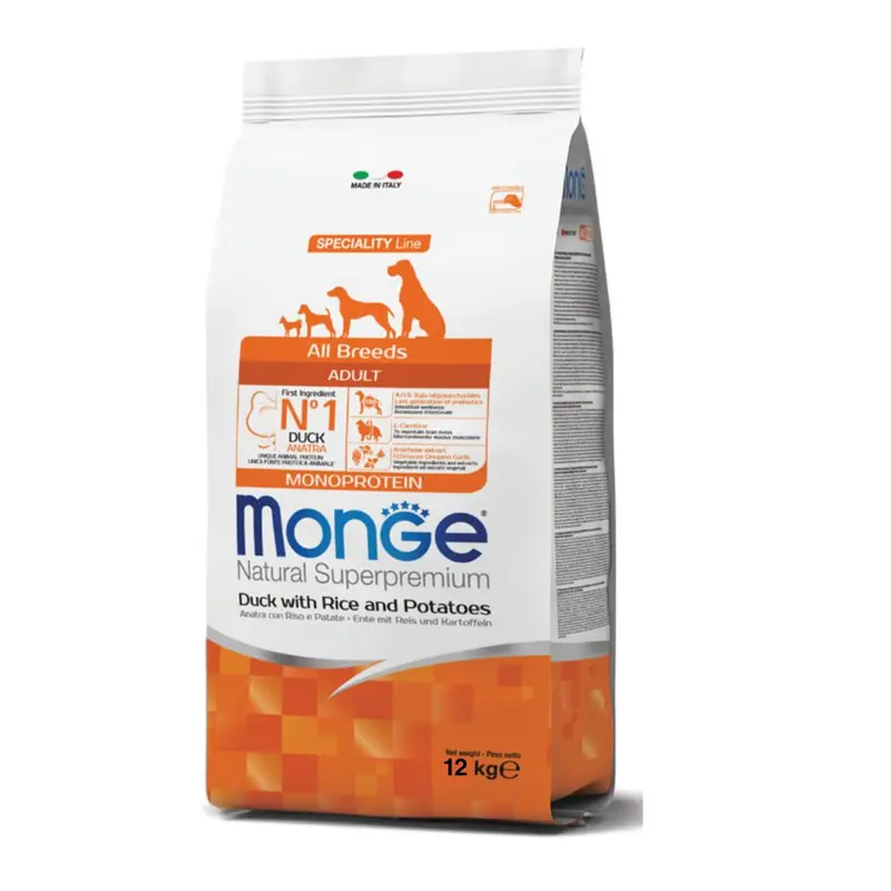 Monge Natural – Crocchette per cani adulti all’anatra con riso e patate