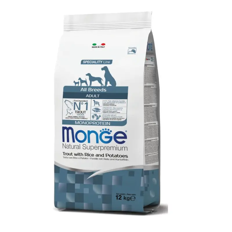 Monge Natural Superpremium – Crocchette per cani adulti alla trota con riso e patate