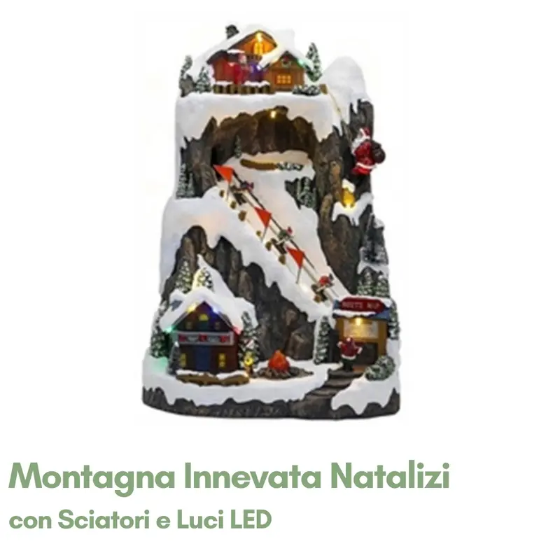 Montagna Innevata Natalizia con Sciatori e Luci LED