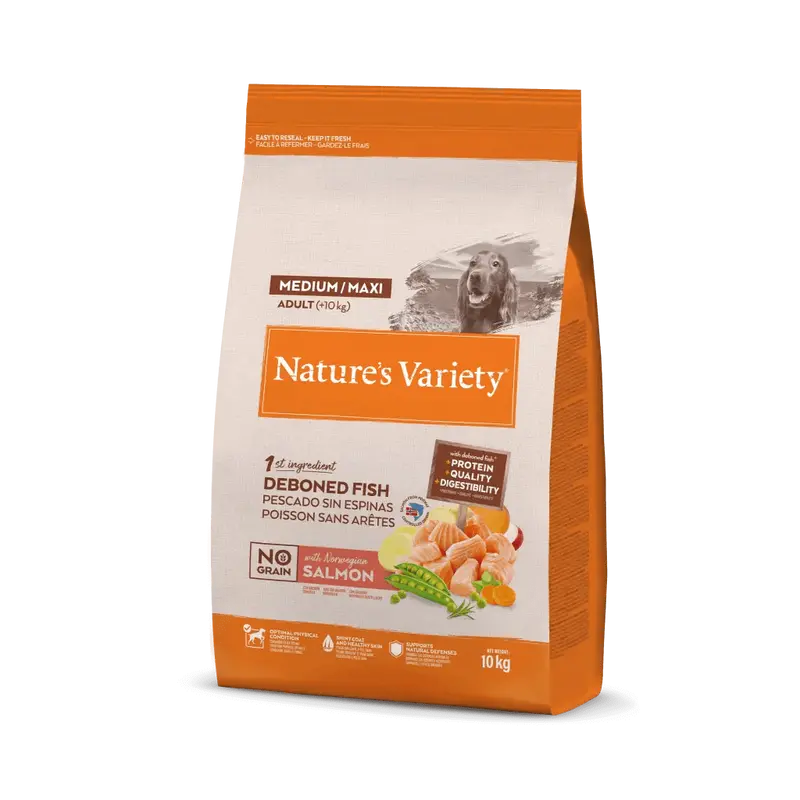 🐾 NATURE'S VARIETY No Grain Adult Salmón Noruego Medium/Maxi para perro adulto