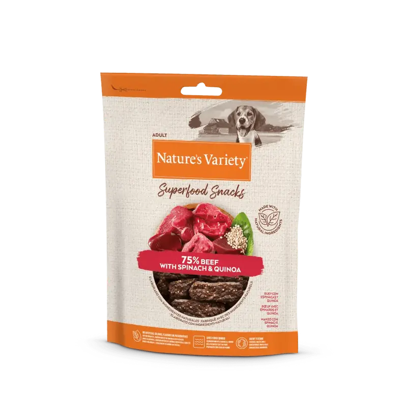 🥩 NATURE'S VARIETY Superfood Snacks con buey, espinacas y quinoa (8 uds – 85g) | Snack natural para perros adultos