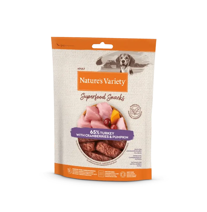 🦃 NATURE’S VARIETY Superfood Snacks con pavo, arándanos rojos y calabaza (8 uds – 85g) | Snack natural complementario para perros adultos