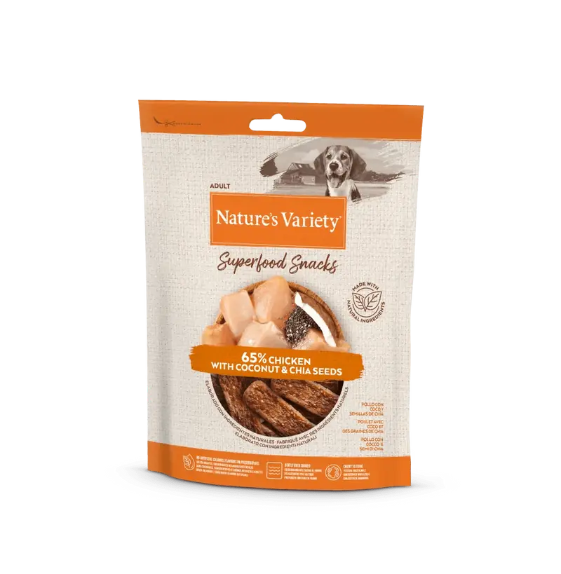 🐔 NATURE'S VARIETY Superfood Snacks con pollo, coco y semillas de chía (8 uds - 85g) | Barritas naturales para perros adultos