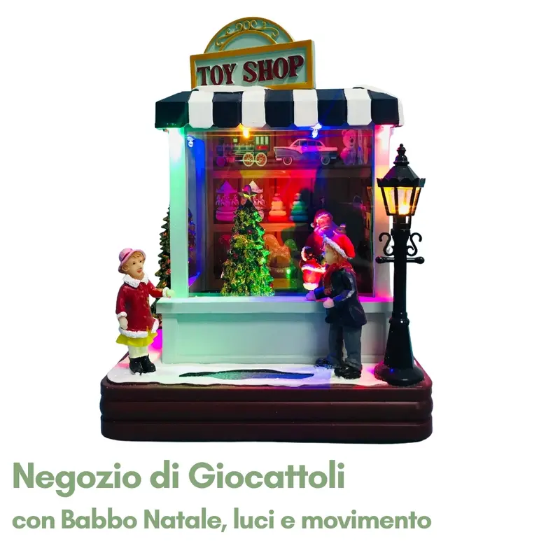 Negozio di Giocattoli con Babbo Natale, Luci e Movimento