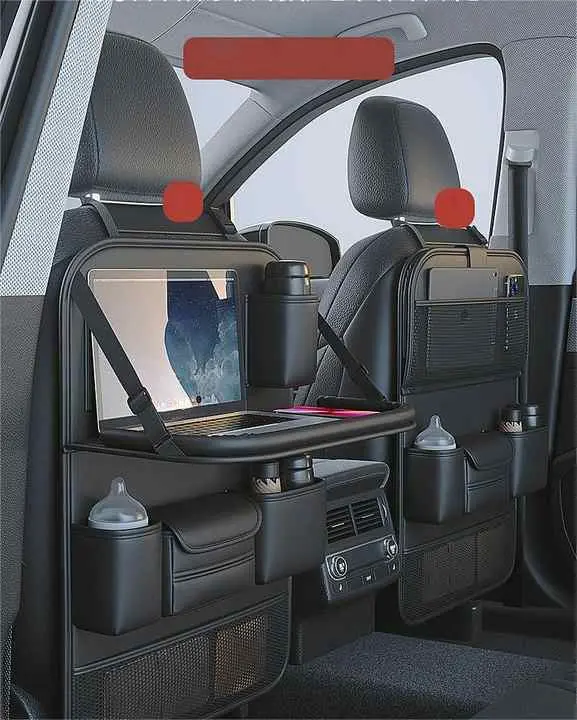 NNEDSZ Black Car Seat Back Organizer with Foldable Tray, Leather Backseat Storage Bag, Multi-Pocket Vehicle Organizer
