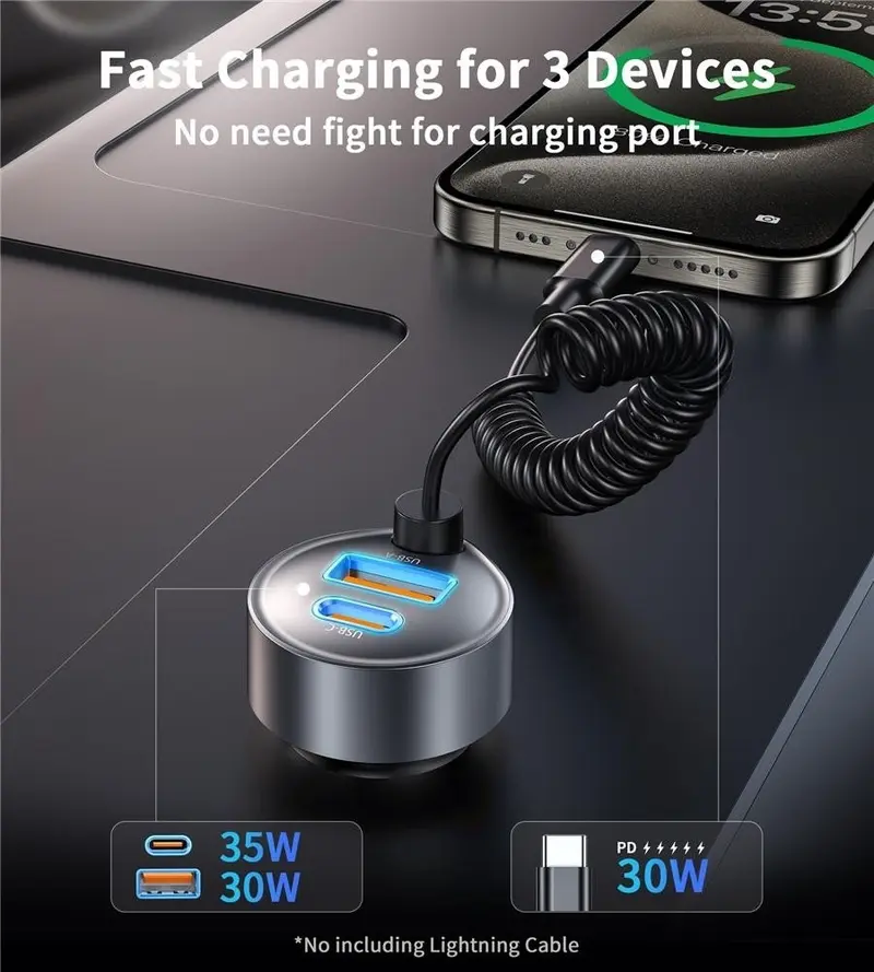 NNEDSZ CHOETECH TC0030 65W 3-Port Fast Car Charger with 3.3ft Type-C Stretchable Cable