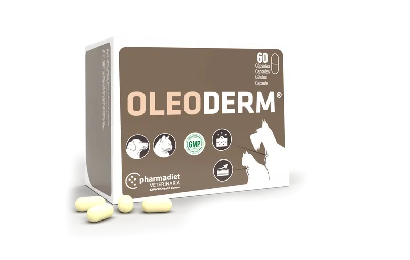 Oleoderm Alimento complementario con nutrientes que ayudan a mantener sana la piel y el pelo del perro y el gato.