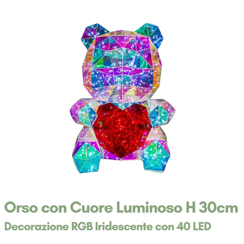 Orso con Cuore Luminoso H 30cm con 40 LED - Decorazione RGB Iridescente