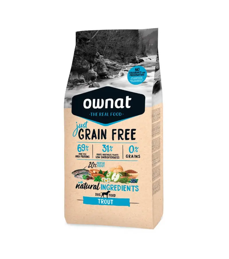 🐟 OWNAT Just Grain Free Trout | Pienso natural sin cereales con trucha para perros adultos