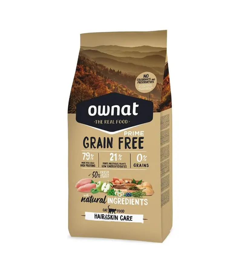 🐾 OWNAT Prime Grain Free Hair & Skin Care – Pienso sin cereales para gatos adultos con piel y pelo sensibles