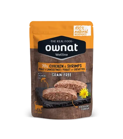 🐱 OWNAT Wetline Cat | Comida Húmeda Natural para Gatos con Pollo y Langostinos – Pack 12x85 g Sin Cereales