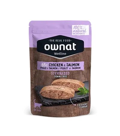 🐱 OWNAT Wetline Sterilized Cat | Comida Húmeda para Gato Esterilizado con Pollo y Salmón – Pack 12x85 g Sin Cereales