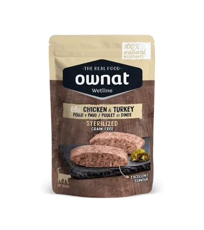 🐾 OWNAT Wetline Sterilized Cat | Comida Húmeda para Gatos Esterilizados con Pollo y Pavo – Pack 12x85 g Sin Cereales