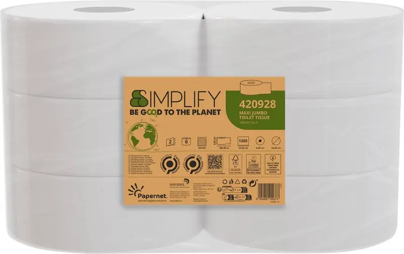 Papernet toiletpapier simplify maxi jumbo | 2-laags | 1305 vellen | pak van 6 rollen