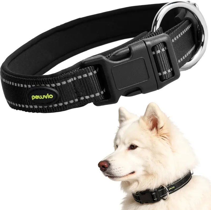 Peluvio buddy – hondenhalsband – nylon en reflecterend – zwart – maat l 50-55 cm – 2,5 cm breed – verstelbare halsband voor grote honden