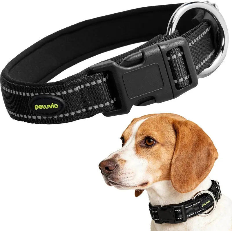Peluvio buddy – hondenhalsband – nylon en reflecterend – zwart – maat m 45-50 cm – 2 cm breed – verstelbare halsband voor grotere middelgrote honden
