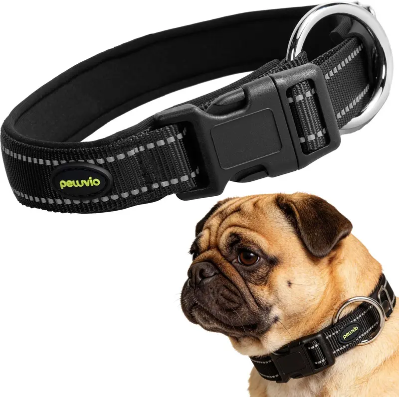 Peluvio buddy – hondenhalsband – nylon en reflecterend – zwart – maat s 40-45 cm – 2 cm breed – verstelbare halsband voor middelgrote honden