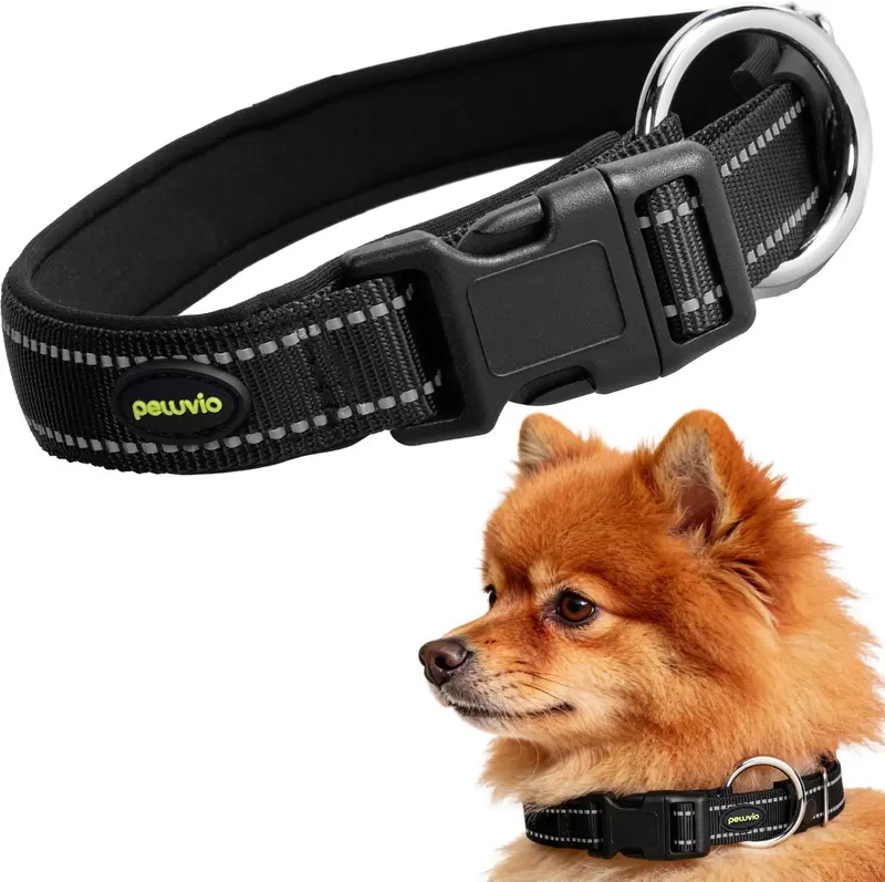 Peluvio buddy – hondenhalsband – nylon en reflecterend – zwart – maat xs 35-40 cm – 2 cm breed – verstelbare halsband voor kleine honden en jonge honden