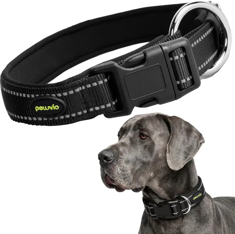 Peluvio buddy – hondenhalsband – nylon en reflecterend – zwart – maat xxl 60-65 cm – 2,5 cm breed – verstelbare halsband voor extra grote honden