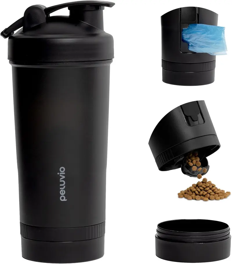 Peluvio tappy drinkfles voor kat en hond 4in1 – 450 ml water, 150 ml – voer lekvrije waterfles voor onderweg – drinkbak, snackcontainer en poepzakjeshouder – reisfles voor wandelen en reizen