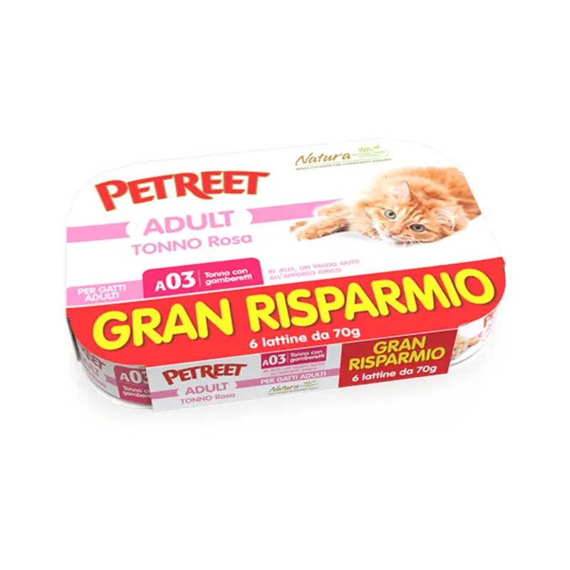 Petreet Natura – Multipack per gatti al tonno rosa con gamberetti