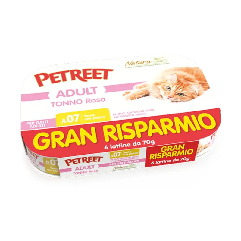 Petreet Natura – Multipack per gatti al tonno rosa con patate 6x70g