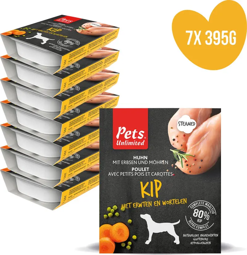 Pets unlimited - honden natvoer -kip - gestoomde maaltijd - 7 bakjes x 395g
