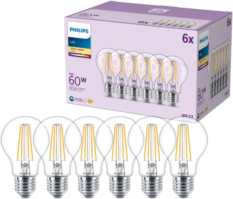 Philips led lamp transparant - 60w - e27 fitting - warmwit licht; 2700k - 6-pack