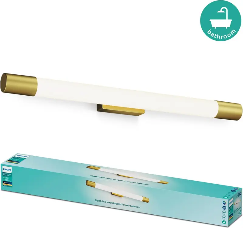 Philips led philips rover spiegelverlichting - spatwaterdicht ip44 - 10w - warmwit licht - badkamerlamp - cilindervormig - messingkleurig