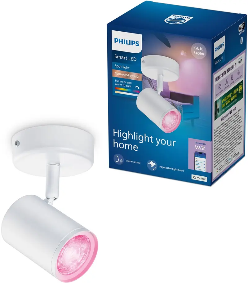 Philips smart lighting - opbouwspot - 1 spot - rgb - gekleurd en instelbaar wit licht - dimbaar - wit - 1x5w - gu10 fitting - werkt met de wiz app - wifi