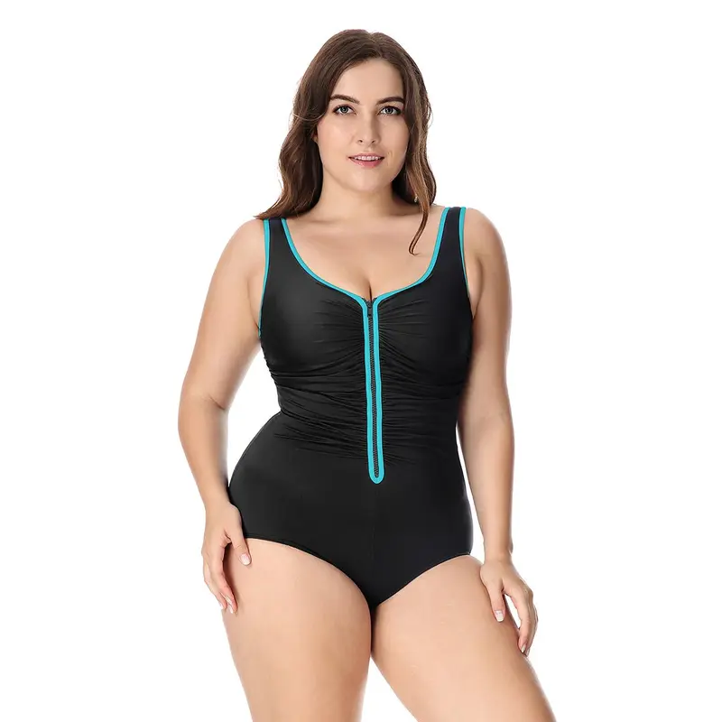 Plus Size Zip Front Tummy Control One-Piece Swimsuit