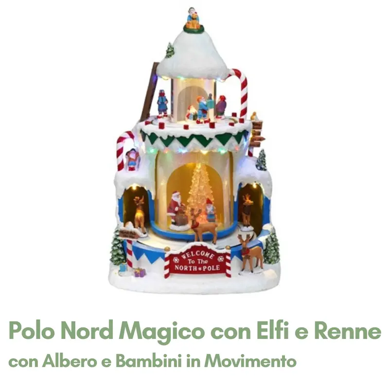 Polo Nord Magico con Elfi e Renne in Movimento e Luci LED
