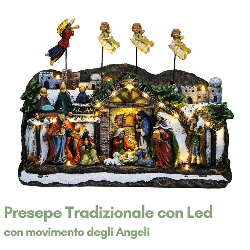 Presepe Tradizionale con Angeli in Movimento e Luci LED