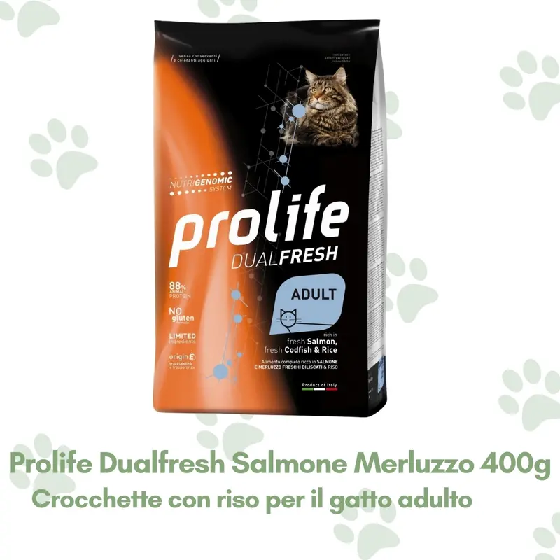 Prolife Dualfresh Crocchette Gatto Adulto Salmone Merluzzo Riso 400g