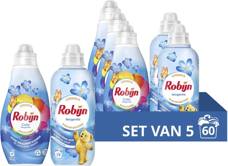 Robijn perfect match wasmiddel en wasverzachter pakket - morgenfris - 5 x 12 = 60 wasbeurten - voordeelverpakking - 5 stuks