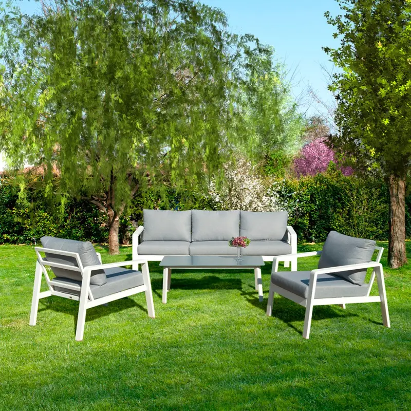 SALOTTO WELCOME ALLUMINIO BIANCO CON CUSCINI GRIGI