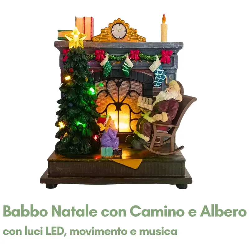 Scena di Babbo Natale con Camino e Albero Addobbato