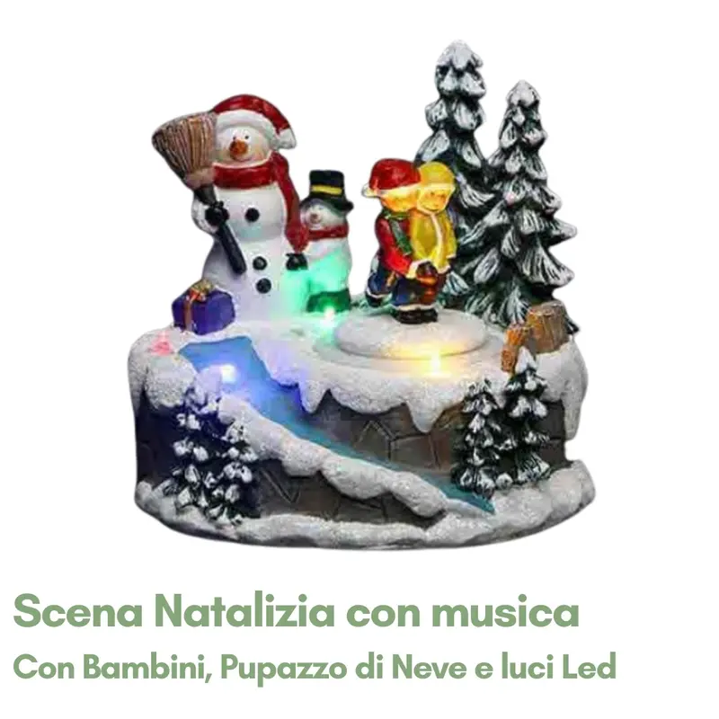 Scena Natalizia di Bambini e Pupazzo di Neve con Led e Musica