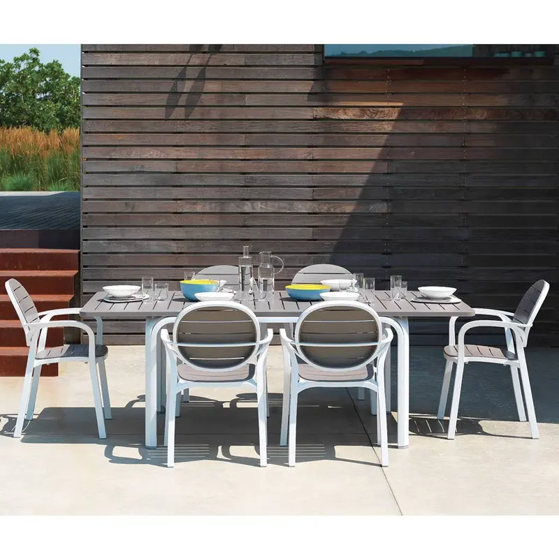 Tavolo Alloro 140 e 6 Sedie Palma - Set da pranzo 6/8 persone Bianco/Tortora