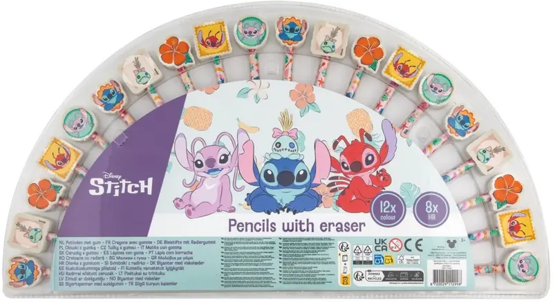 Totum disney stitch kleurpotloden en grafietpotloden - 20 stuks - 12 kleurpotloden - 8 grafietpotloden met gum - peuter speelgoed - knutselen - voor meisjes en jongens - vanaf 3 jaar -