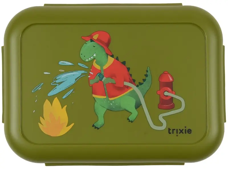 Trixie | lunchbox met clips - fireman mr. dino - rsv lunchbox voor kinderen - gemakkelijk te openen - lunchbox - groen