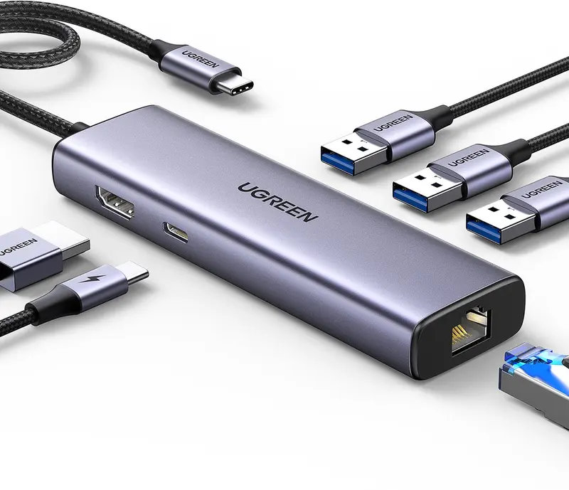 Ugreen cm512 - usb-c hub adapter - 3x usb-a 3.0 - hdmi - rj45 - usb-c pd - grijs