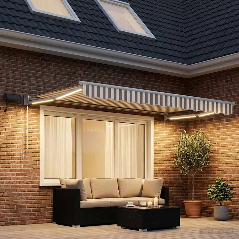 Vidaxl handbediende luifel met led's lichtgrijs en wit.
