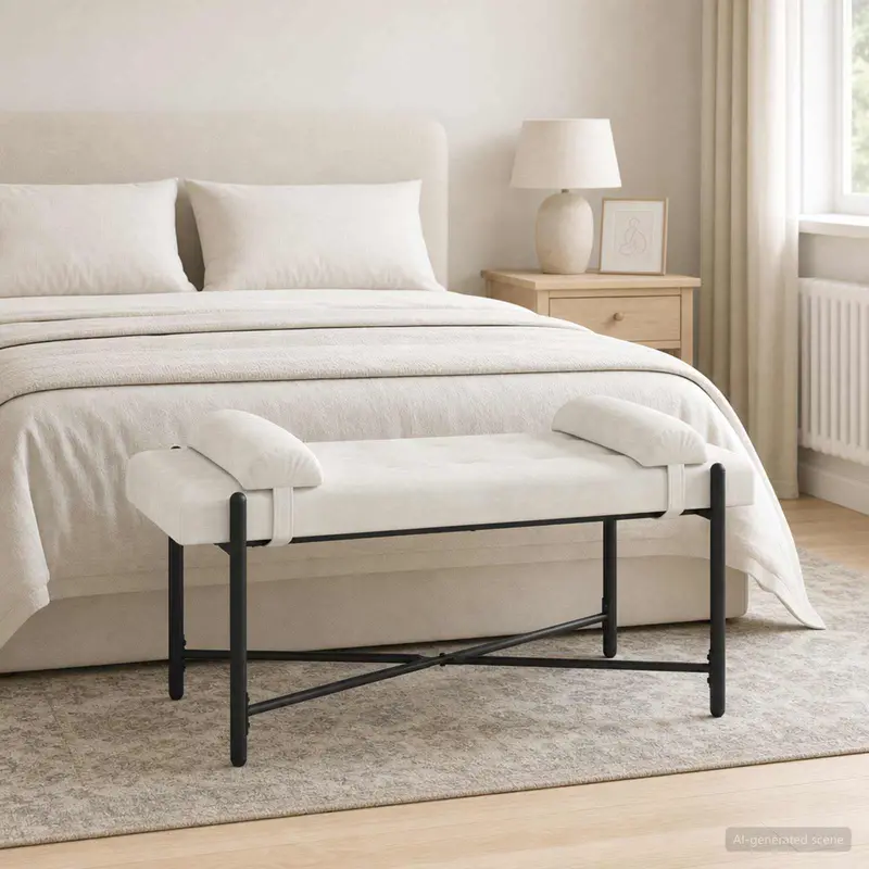 Vidaxl knop-gestept bankje met kussens crèmekleurig 110 x 40 x 46 cm