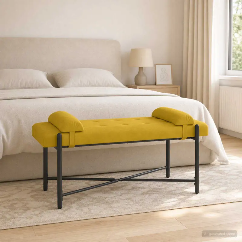 Vidaxl knop-gestept bankje met kussens geel 110 x 40 x 46 cm fluweel