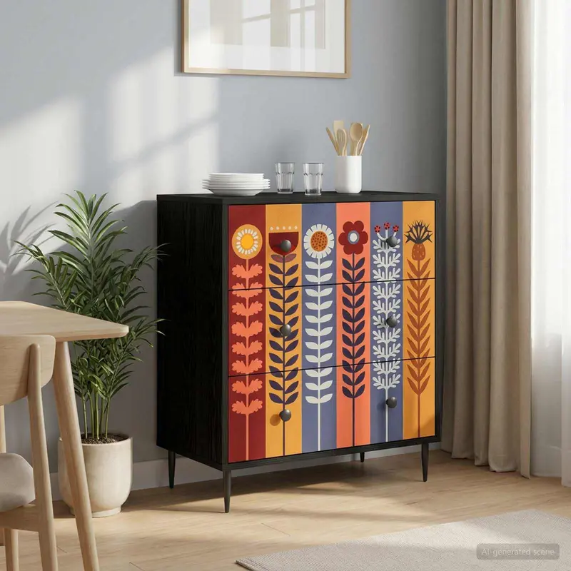 Vidaxl ladekast essen zonnebloemprint 66 x 36,5 x 76 cm bewerkt hout