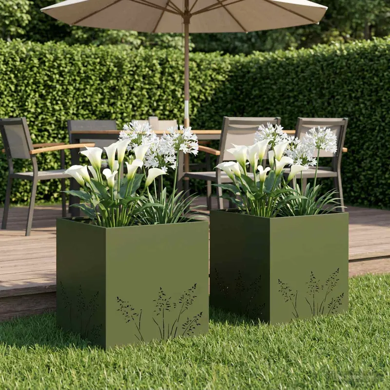 Vidaxl plantenbak 2 st olijfgroen 50 x 50 x 49 cm koudgewalst staal
