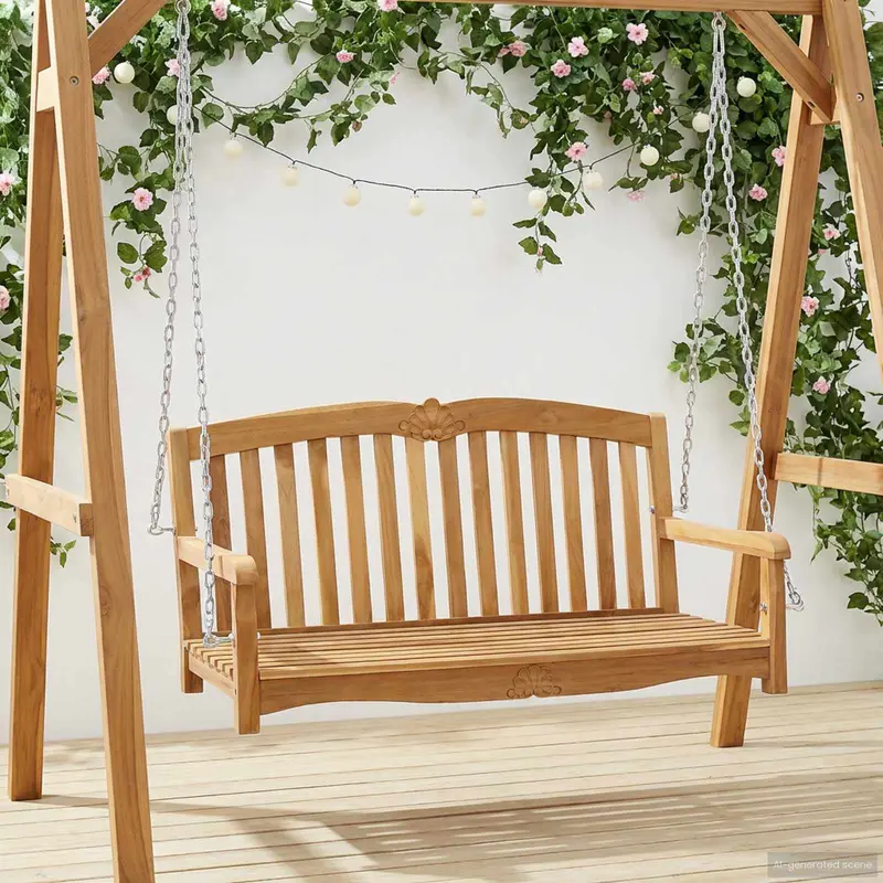 Vidaxl schommelbank in schelpvorm 114 x 60 x 60,5 cm massief teakhout