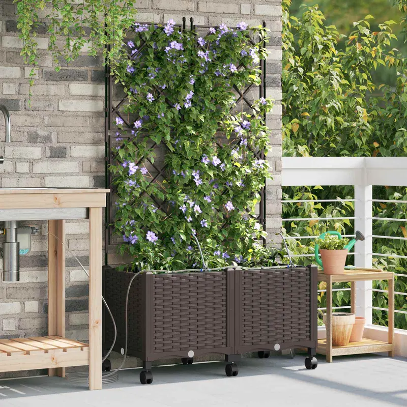 Vidaxl tuin pot met irrigatie en wielen 2 st bruin 80 x 40 x 148 cm pp