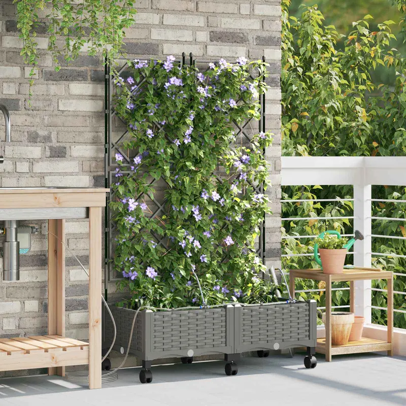 Vidaxl tuin pot met irrigatie en wielen 2 st lichtgrijs pp